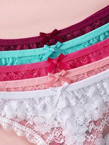 Paquete de 5 tangas de mujer con parches de encaje y moño en unicolor, ropa interior femenina suave y cómoda - Multicolor - Ver 7