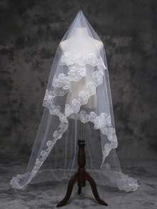 1 Peça Véu Longo de Noiva de Alta Qualidade de Camada Única de 3M, Acessório de Vestido de Casamento Estilo Francês Vintage - A - Visão 7