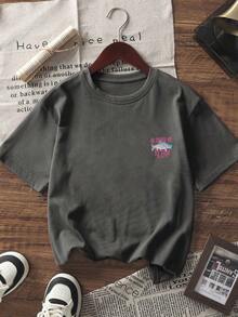 青少年男童印花短袖T恤，学生休闲夏季上衣 - 深灰色 - 查看 6