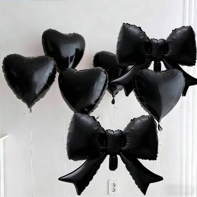 Set de 7 globos de aluminio con forma de corazón y lazo de color negro, decoración para bodas, cumpleaños, aniversarios, San Valentín, Año Nuevo, Navidad