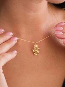 1pc 18K Gold Plated Stainless Steel Hamsa Hand Necklace, Fatima Hand Pendant Necklace, Evil Eye Necklace, Spiritual Faith Jewelry, Religious Necklace, Christmas Gift, Mother's Day Gift, Gift For Mom - Gold - View 8