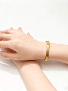 Women's Fashion Elastic Bracelet, Lightweight Luxurious Everyday Commute Accessory, Stainless Steel Elastic Bracelet, 18K Gold Plated Elastic Bracelet - Multicolor - View 3