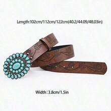 3.8cm Wide Bohemian Oval Turquoise Belt, Vintage Embossed Brown PU Leather Belt, Classic Western Style Belt Women & Girls, Carved Sapphire Belt, Dress, Jeans, Shirt Accessory, Holiday Summer, School Fall, Autumn, Halloween WYTB 3LZE - Dark Brown - View 7