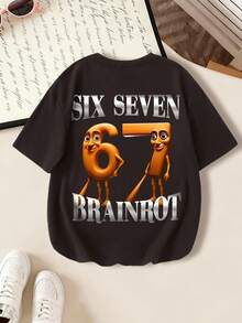 1件青少年病毒式传播的卡通数码印花T恤，男童休闲户外服，春夏款 - 棕色 - 查看 3