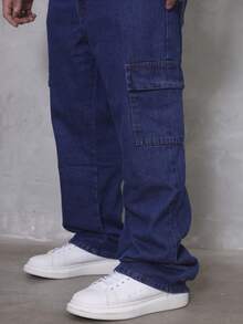 Calça Masculina Cargo Jeans Perna Larga Preta Marmorizada sem Elastano - Azul Escuro - Visão 5