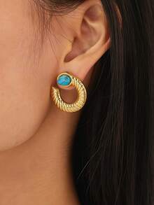 1对/4对创意时尚个性化不锈钢绿松石耳环套装，女士奢华复古高端几何不锈钢18K镀金耳环，适合女士日常及节日佩戴 - 金色 - 查看 3