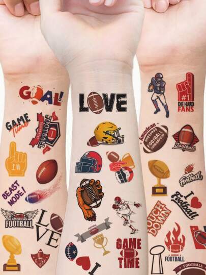 5片装儿童临时纹身贴纸，美式橄榄球图案，色彩鲜艳，防汗，一次性使用，适合男孩女孩，可用于脸部、手臂、腰部、胸部、腿部、腹部、颈部、手部、手指、背部等部位，适合舞蹈派对、舞台表演等现代主义人体彩绘。