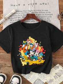 1pc Disney Mickey Mouse & Friends Cheerful Group Portrait Tween Boys Fun T-Shirt - Comfortable & Versatile, Perfect For Outings & Hangouts - màu đen - Xem 1