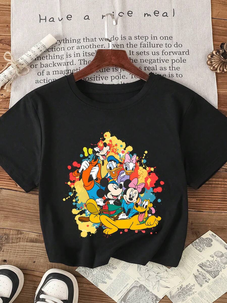 1pc Disney Mickey Mouse & Friends Cheerful Group Portrait Tween Boys Fun T-Shirt - Comfortable & Versatile, Perfect For Outings & Hangouts - màu đen - Xem 1