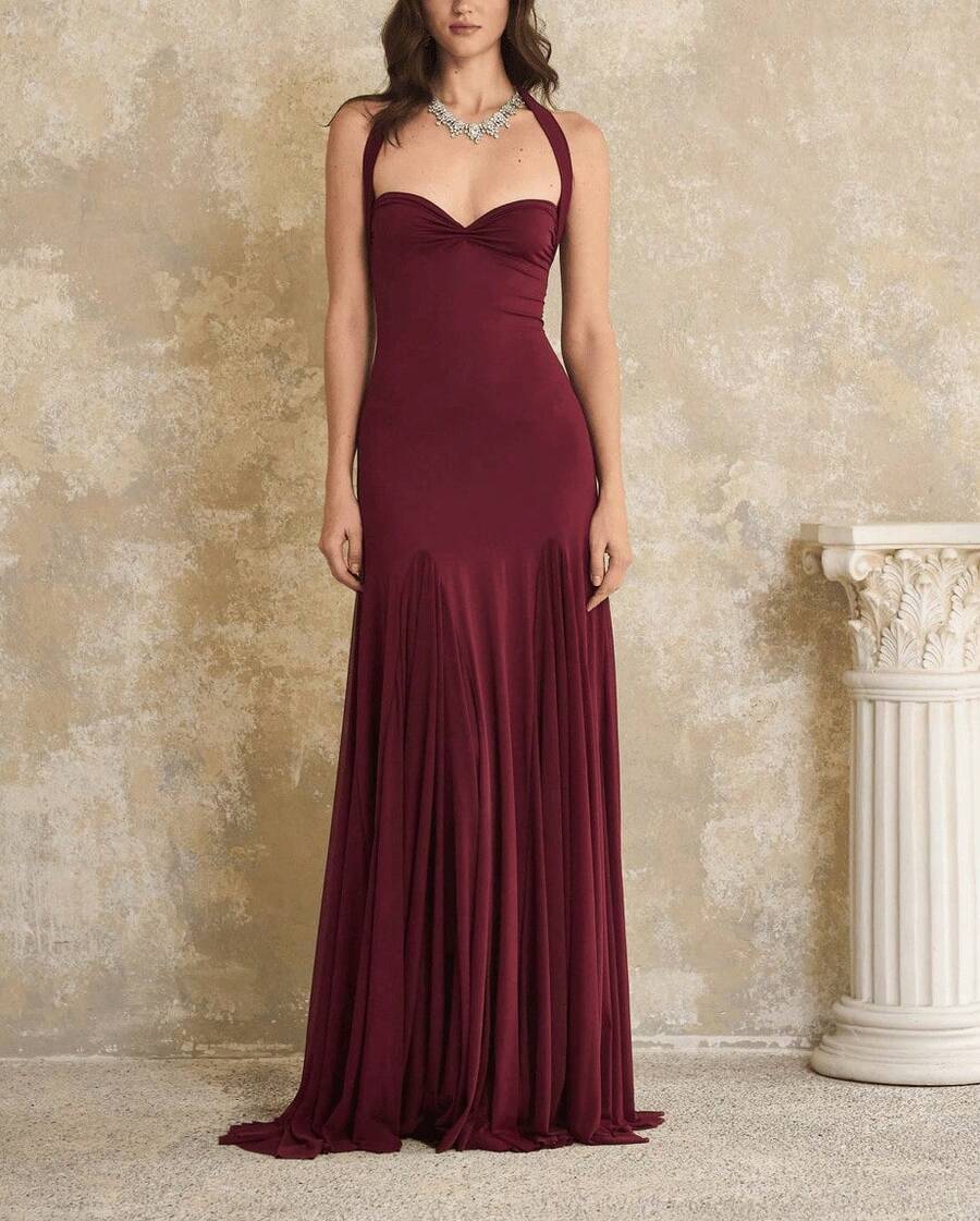 Women's New Halter Neck Strapless Backless Sexy Slim Fit Floor-Length Flared Elegant Dress - 酒紅色(25325) - 查看 1