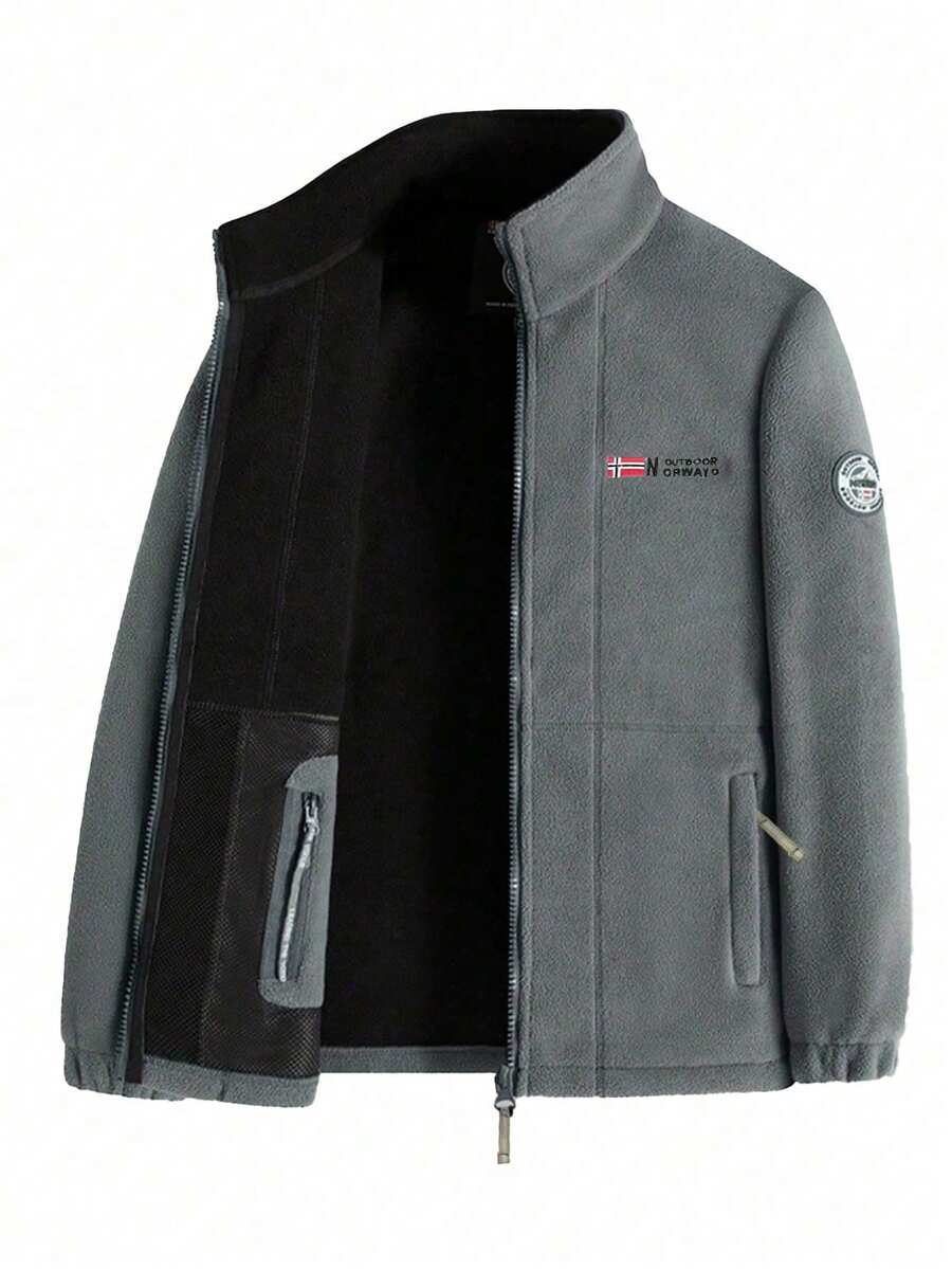 男士秋冬立领羊毛夹克，双面羊羔绒衬里，商务休闲厚实保暖情侣外套 - 灰色 - 查看 1