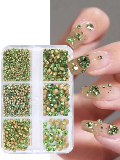 6 tamaños de cristales de color verde con parte posterior puntiaguda, diamantes de cristal brillantes para decoración de uñas, joyas para uñas, suministros de manicura y decoración de uñas DIY para el Día de San Patricio