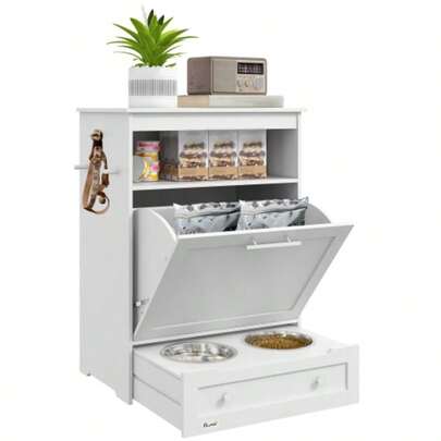 Dog Bowl Cabinet With 2 Stainless Steel Bowls, 3 Hooks, Storage Compartment, Open Shelf And Hinged Door, Dog Feeding Station, 61 X 35.5 X 82 Cm, White