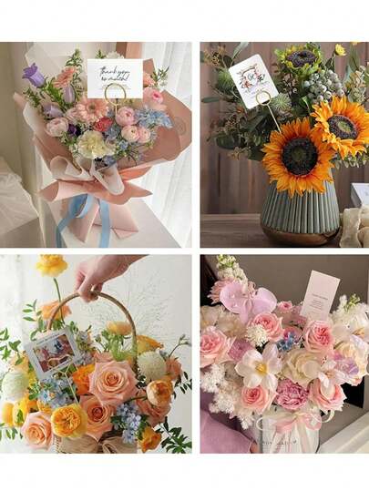 60个花卉卡片夹，照片备忘录夹，不锈钢卡片夹，花卉工艺用品，金属花朵名片夹，金色心形和圆形照片夹，优雅金属花束卡片夹，金属丝花卉展示卡片夹，适用于婚礼、母亲节、生日、婚宴，非常适合节目单、花店、工艺品、装饰，也是圣诞节、情人节和节日活动的完美之选