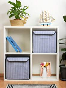 Navy Blue Striped Folding Storage Box With Lid, For Inside Cabinets, Laundry And Toys, 30x30x30 - Navy Blue - View 2