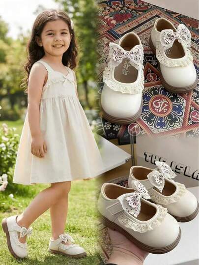 1双幼儿女童米色PU皮革蕾丝蝴蝶结装饰时尚平底鞋，简约配色，防滑橡胶厚底，魔术贴设计，轻便休闲童鞋，适合搭配公主裙和连衣裙，适合3-13岁女孩日常、上学、聚会、度假、海滩等场合，2026春夏新款。