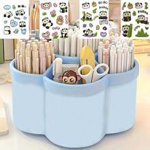 1pc 360° Rotating Pen Holder & Storage Box, Suitable For Student And Children's Desks. This Creative And Fashionable Pen Holder Has A Large Capacity, Simple And Personalized Design, With Internal Compartments For Convenient Organization And Storage. Ideal For Storing Children's Desk Supplies (Sticker Pattern Is Random). - Multicolor - View 9
