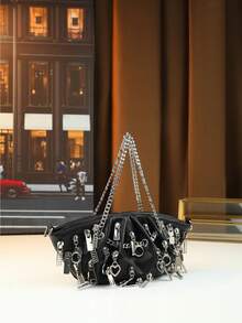 Fashion Punk Pleated Cloud Strap Zipper Chain Shoulder Crossbody Bag For Women - Black - View 10