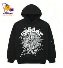 Black Hoodie |       Spider Web Graphic, 2000s Streetwear  Thickened Hooded Pullover With Pockets N4ETspring Outfit For Women - 黑色 - 查看 6