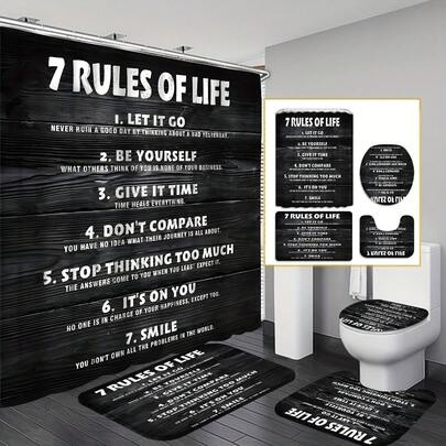 1pc/4pcs Motivational "7 Rules Of Life" Shower Curtain Set, 70.8x70.8 Inches, Modern Bathroom Decor With Bath Mat & Toilet Lid Cover, Includes 12 Curtain Hooks