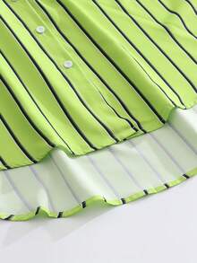Striped Front Button Pocket Front Short Back Long Vacation Long Sleeve Shirt Spring - Green - View 6