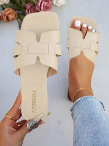 Women's Flat Slide Sandals, Snake Skin Pattern Square Toe, Fashion Wear With Dresses, Summer - Beige - View 5