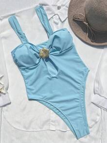 女款金屬花飾連身泳衣 度假夏季海灘款 - 藍色 - 查看 3