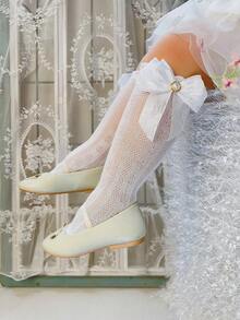 3 pares de calcetines de malla de unicolor con lazo de perlas en capas para niñas, transpirables y ligeros para primavera/verano - Multicolor - Ver 8