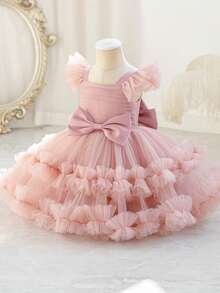 Baby Girls' Cap Sleeve Bow Tulle Burgundy Holiday Party Elegant Cute Princess Dress, Suitable For Baby Girl's 1st Birthday Gift, Banquet, Evening Party, Special Occasion, Festival Celebration - Pink - View 4