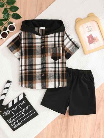 男童短袖衬衫套装，夏季新款休闲格子印花上衣和裤子两件套，儿童连帽户外服装