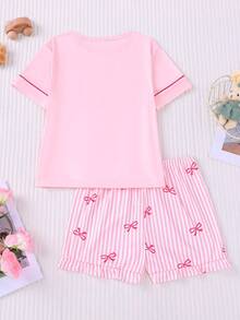 Bộ đồ ngủ ngắn tay in họa tiết sọc và nơ cho trẻ em, gồm áo ngắn tay và quần short cạp chun rộng có bèo nhún, thích hợp cho trẻ em và thanh thiếu niên mặc thường ngày, đi nghỉ mát, dự tiệc. - Hồng - Xem 3