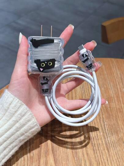 3件套波浪纹充电线保护套，充电头保护套，带UV彩色印刷线条猫咪图案，20W英规插头，兼容苹果18W/20W充电器