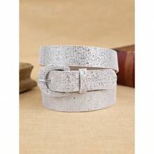 1 Peça Cinto de Cintura com Lantejoulas para Mulheres, Cinto de Cintura Brilhante Adequado para Vestidos, Denim, Disponível nas Cores Prata, Preto, Marrom, Roxo, Glitter Cinza, Fivela Metálica, Cinto de Estilo Boêmio da Moda para Uso Diário - Prata - Visão 1