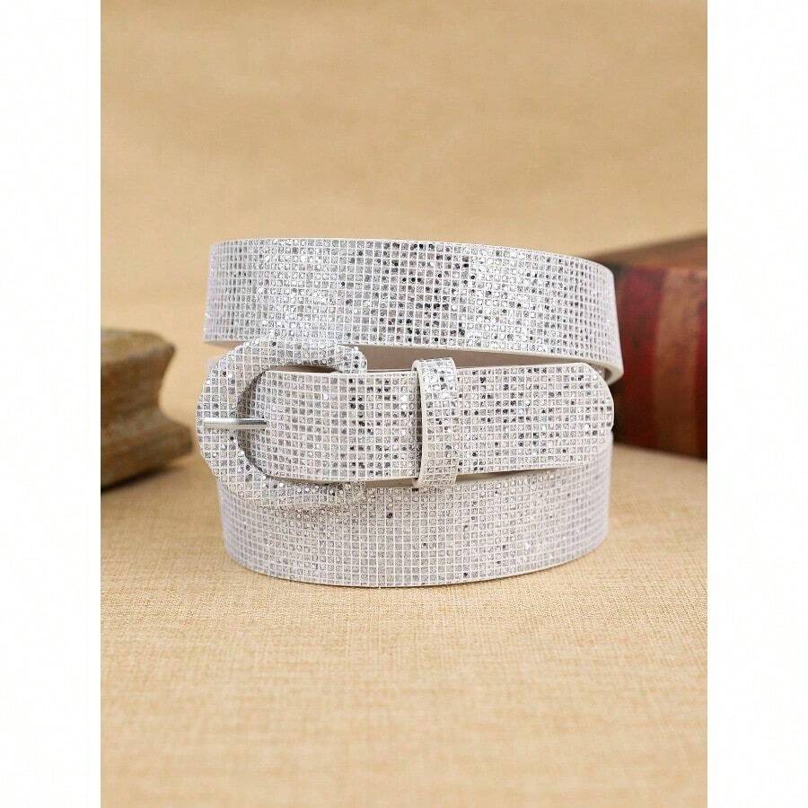 1 Peça Cinto de Cintura com Lantejoulas para Mulheres, Cinto de Cintura Brilhante Adequado para Vestidos, Denim, Disponível nas Cores Prata, Preto, Marrom, Roxo, Glitter Cinza, Fivela Metálica, Cinto de Estilo Boêmio da Moda para Uso Diário - Prata - Visão 1