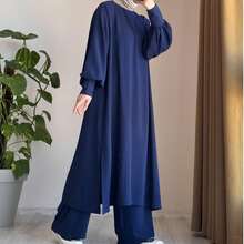 女士优雅阿拉伯风格纯色休闲端庄优雅宽松圆领灯笼袖宽松裤装春季套装 - 藏蓝色 - 查看 1