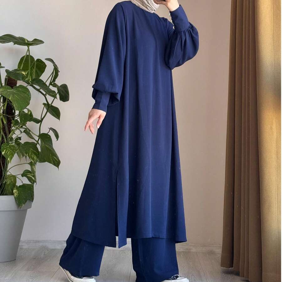 女士优雅阿拉伯风格纯色休闲端庄优雅宽松圆领灯笼袖宽松裤装春季套装 - 藏蓝色 - 查看 1