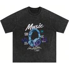 Laixton Men's Pattern T-Shirt Unisex Cotton Oversized T-Shirt Short Sleeve Retro Streetwear Casual T-Shirt Top Comfortable Washed Cotton T-Shirt - 復古 Y2k 黑色 - 查看 1