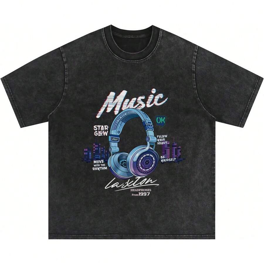 Laixton Men's Pattern T-Shirt Unisex Cotton Oversized T-Shirt Short Sleeve Retro Streetwear Casual T-Shirt Top Comfortable Washed Cotton T-Shirt - 復古 Y2k 黑色 - 查看 1