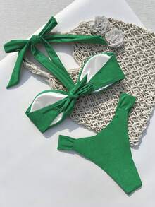 Women's Solid Color Criss-Cross Strap Bikini Set. The Strap Design Creates A Unique Collarbone Line, And The High-Waisted Bottom Accentuates The Curves. Vacation Beach Summer - Green - View 4