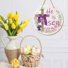 1 pieza Decoración de puerta "Él ha resucitado" Letrero de puerta delantera religiosa de Pascua con cruz Colgante de puerta de Pascua para decoración de hogar, pared, corona, granja, interior y exterior, decoraciones de primavera - Multicolor - Ver 3