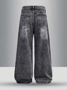 1 chiếc quần jean nam dáng rộng bằng vải denim cotton, thiết kế túi xéo, quần jean dài dáng rộng đã qua xử lý, kiểu dáng quần áo động, thời trang đường phố, màu xám đậm, phong cách Y2K, dòng Buddy Series - Màu xám đen - Xem 3