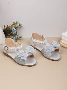 A Pair Of 2026 New-Style Girls' Net-Silk Rhinestone Bow Pearl Anti-Slip Slip-On Mid-Heel Ankle Strap Sandals | Suitable For Sisters' Afternoon Tea Outings / School Club Presentations - Silver - View 7