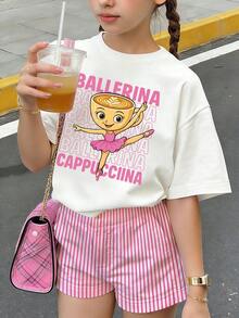 少女卡通图案印花圆领短袖T恤 - 白色 - 查看 9