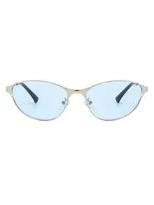 1 Pair Women's Silver Cat Eye Metal Frame Personalized Blue Lens Fashionable Beach Vacation Minimalist Fashion Glasses - Silver - View 3