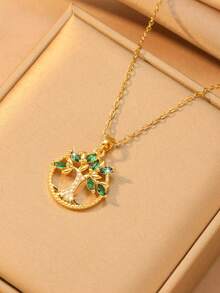 1pc Women's Green Turquoise Tree Of Life Pendant Necklace, Green Zirconia Inlaid, Symbolizing Eternal Life, Suitable Gift For Mom, Girlfriend, Valentine's Day, Birthday - Yellow Gold - View 1