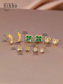 Hihho 10件/套（优雅白色礼盒）闪亮立方氧化锆蝴蝶和心形设计耳环，7天耳环套装，金色耳钉，送给优雅女士的最佳礼物 - 彩色 - 查看 5