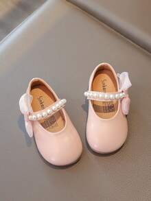 1 Pair New Baby Girls' Pearl Bow PU Hook And Loop Design Princess Style Flat Shoes, Pink, Suitable For Spring/Autumn - Pink - View 9