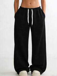 Women's Loose Fit Drawstring Waist Casual Wide Leg Pants, Everyday Wear Spring - Black - View 3