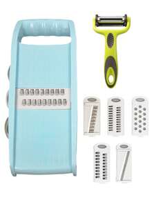 五合一蔬菜切片器套装，多功能水果切片器，手动食物切丝器，蔬菜刨丝器，土豆刨丝器，家用土豆刨丝器，多功能蔬菜切片切丝器套装，带可互换刀片，手持式曼陀林厨房工具，可用于土豆、胡萝卜、黄瓜刨丝和切华夫饼，包含削皮器 - 藍色 - 查看 13