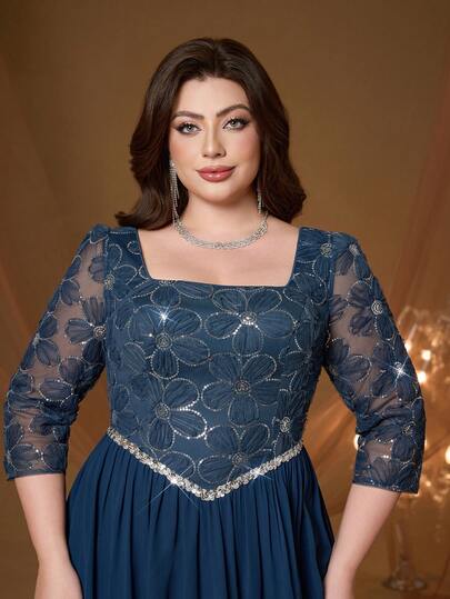 Đầm chữ A tay lửng 3/4 màu xanh hoa đính sequin cỡ lớn Mgiacy, đầm hè thanh lịch dành cho nữ, phù hợp cho đám cưới, dạ hội, tiệc tùng, kỳ nghỉ và lễ hội.